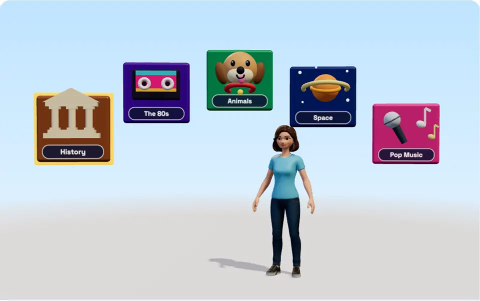 A player in front of floating interest tiles: History, The 80s, Animals, Space and Pop Music, with History picked.
