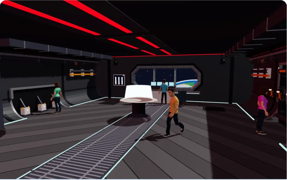 Four players at work on the spaceship deck: the console, the relay levers, the valves and the nav table.